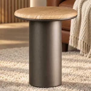 Luxury side table in Dubai UAE Cylindrical side table with a natural wood top, a quiet touch of modern elegance.