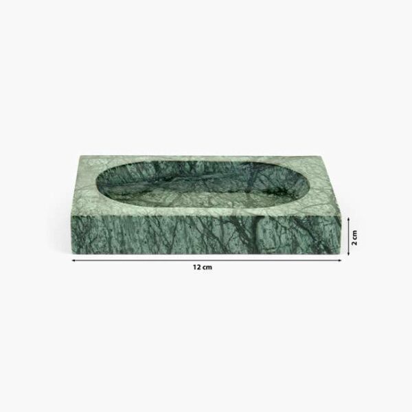 Close-up of rectangular Verde Alpi green marble soap dish – handcrafted marble accessory for luxury UAE homes صورة مقربة لصحن صابون مستطيل من رخام فيردي آلبي الأخضر – إكسسوار رخامي فاخر للمنازل الفاخرة في الإمارات
