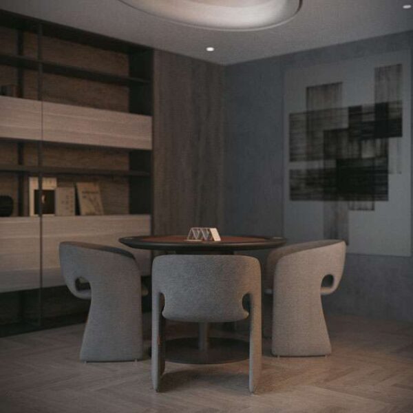 uxury dining space featuring four grey Aether Pearl chairs around a round table, designed for modern UAE interiors العربية: غرفة طعام فاخرة تضم أربعة كراسي Aether Pearl رمادية حول طاولة دائرية، بتصميم معاصر مثالي للمنازل الراقية في الإمارات