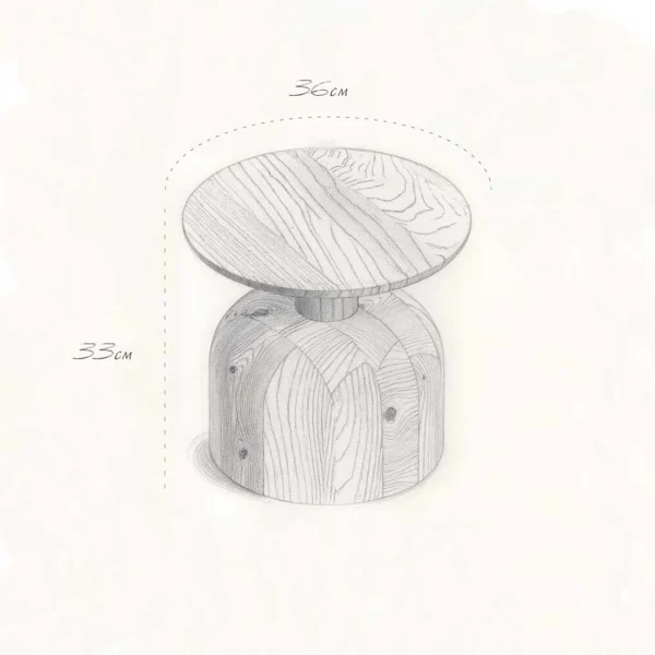 Artistic sketch of the Arbor side table, showcasing its round wooden top and sculpted wood base with measurements of 36 cm diameter and 33 cm height – a refined piece for luxury interiors in the UAE. رسم فني لطاولة أربور الجانبية، يظهر سطحها الدائري المصنوع من الخشب وقاعدتها المنحوتة مع الأبعاد: 36 سم قطر × 33 سم ارتفاع – قطعة راقية تناسب الديكورات الفاخرة في الإمارات.