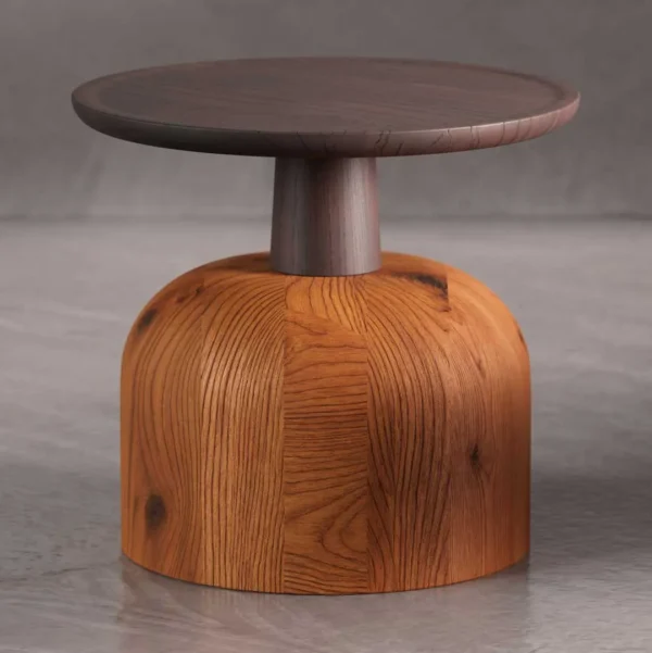 Luxury wooden side table with a sculpted base and modern round tabletop, showcasing premium craftsmanship and high-end luxury furniture in Dubai and Abu Dhabi for elegant contemporary interiors