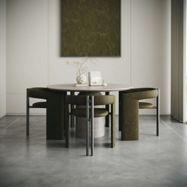 Minimalist round dining table with cylindrical travertine base – natural beige stone design for luxury interiors in Dubai and Abu Dhabi طاولة طعام دائرية بتصميم بسيط وقاعدة أسطوانية من الترافرتين البيج – تصميم حجري طبيعي للمساحات الفاخرة في دبي وأبوظبي