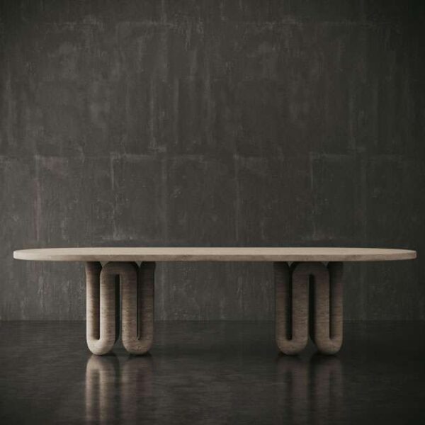 Side profile of oval travertine dining table with unique sculpted legs, ideal for contemporary UAE homes. منظر جانبي لطاولة طعام بيضاوية من الترافرتين بأرجل منحوتة فريدة، مثالية للمنازل العصرية في الإمارات.
