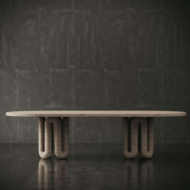 Side profile of oval travertine dining table with unique sculpted legs, ideal for contemporary UAE homes. منظر جانبي لطاولة طعام بيضاوية من الترافرتين بأرجل منحوتة فريدة، مثالية للمنازل العصرية في الإمارات.