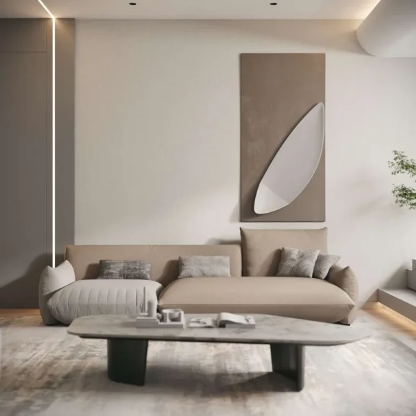 Full frontal view of Dune Harmony Sofa in a contemporary living space – elegant beige fabric with plush cushions and modern coffee table. منظر أمامي كامل لكنبة ديون هارموني في مساحة معيشة عصرية – قماش بيج أنيق مع وسائد فاخرة وطاولة وسط حديثة.