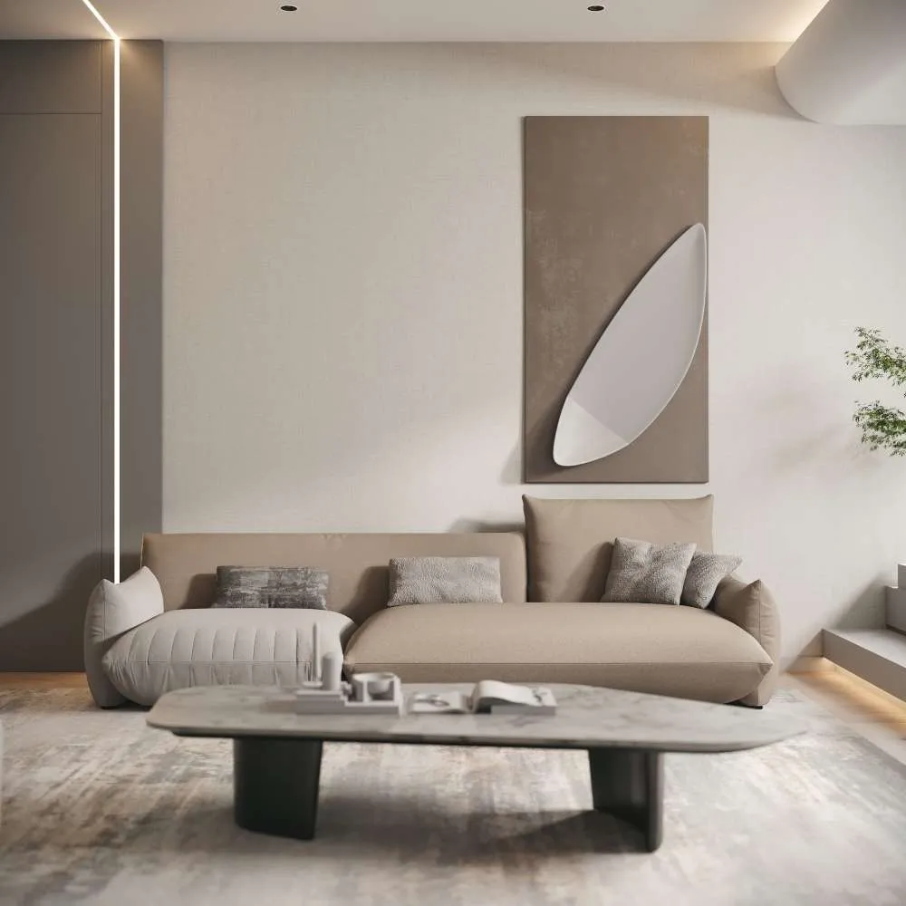 Full frontal view of Dune Harmony Sofa in a contemporary living space – elegant beige fabric with plush cushions and modern coffee table. منظر أمامي كامل لكنبة ديون هارموني في مساحة معيشة عصرية – قماش بيج أنيق مع وسائد فاخرة وطاولة وسط حديثة.