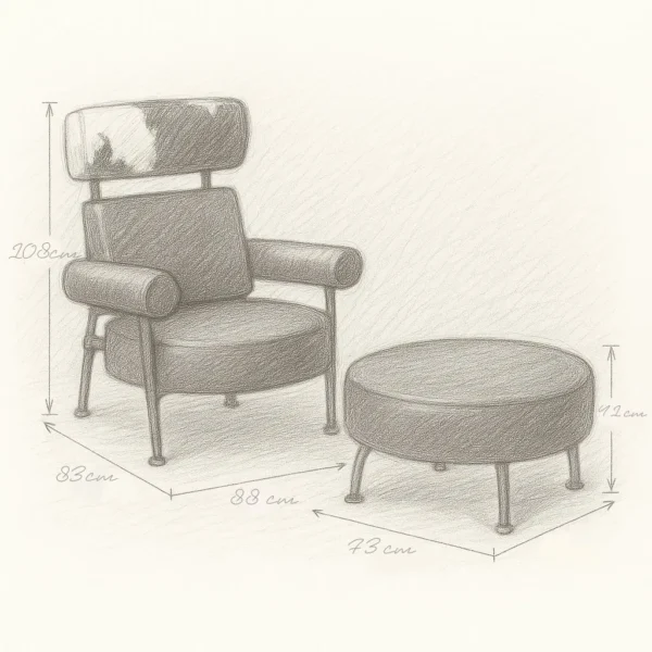 lounge chair and matching stool set with cowhide-patterned headrest cushion, black leather seat, and stainless steel legs, illustrated with dimensions. A refined design where luxury meets comfort. رسم بقلم رصاص لكرسي استرخاء مع مسند قدم، يتميز بمسند رأس منقوش بجلد البقر، مقعد من الجلد الأسود، وأرجل من الفولاذ المقاوم للصدأ مع أبعاد موضحة. تصميم يجمع بين الفخامة والراحة.