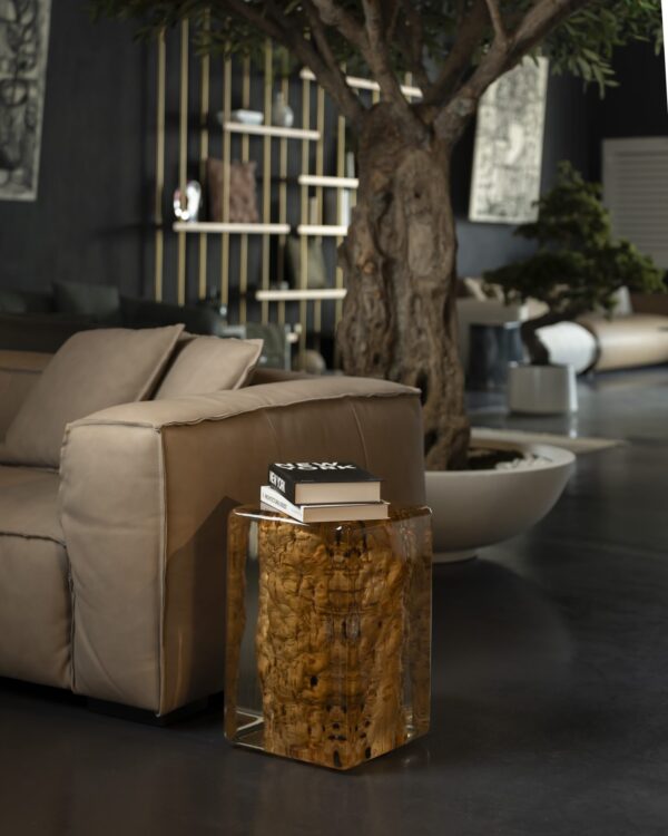 Standalone Lamina Side Table with rustic natural wood core encased in premium plexiglass, modern luxury furniture UAE. طاولة جانبية لامينا منفردة بهيكل خشبي طبيعي ريفي مغلف بأكريليك فاخر، أثاث عصري فاخر في الإمارات.