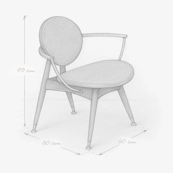 Dining chair with a sculptural round shape, wood legs, brass details, and rope-wrapped arms, where modern comfort meets timeless elegance.