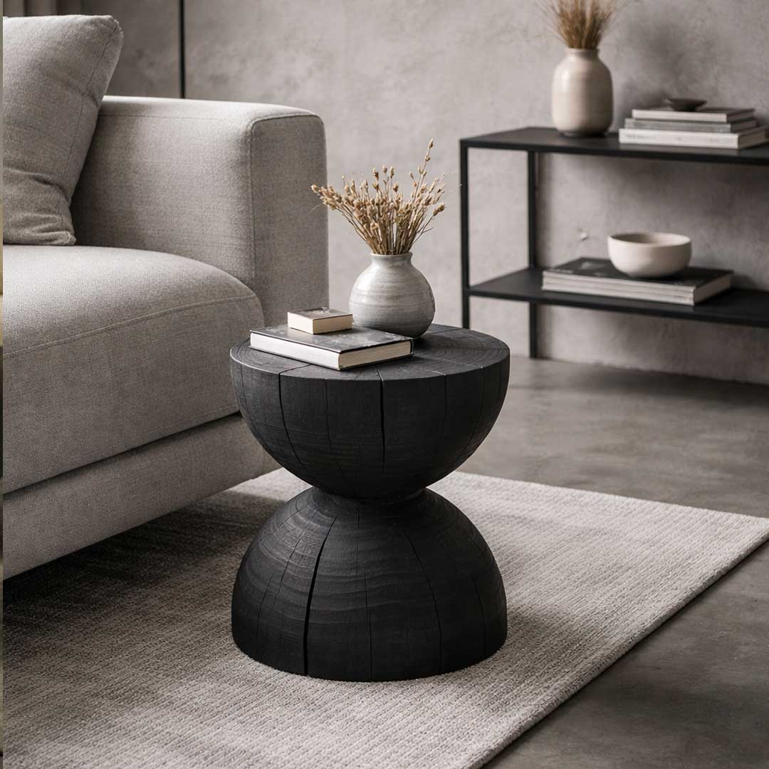COFFEE-Black sculptural wooden side table with textured finish, designed for luxury interiors in the UAE. طاولة جانبية منحوتة باللون الأسود بلمسة خشبية فاخرة، مثالية للمساحات الداخلية الراقية في الإمارات.