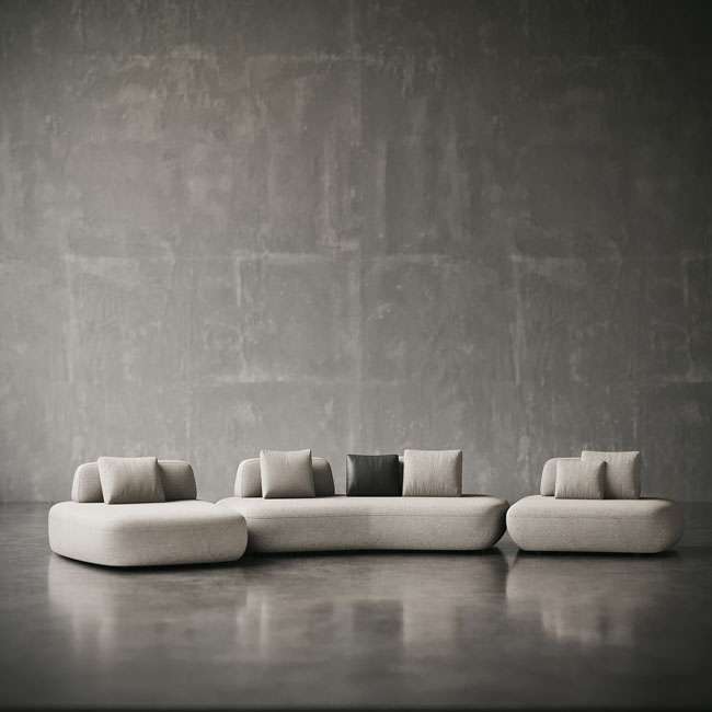 traight-on view of Sereno Slate Sofa with soft curves and modern neutral palette. منظر أمامي مباشر لكنبة سيرينو سلايت بخطوط ناعمة ولوحة ألوان حيادية عصرية.