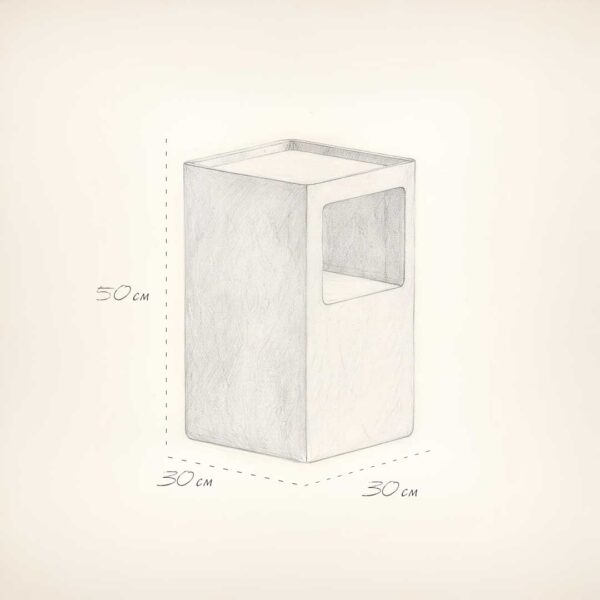 Design sketch of Seraph marble side table showing dimensions: 50 cm height x 30 cm width and depth – modern rectangular luxury table for UAE interiors "رسم توضيحي لطاولة سيراف الجانبية الرخامية يُظهر الأبعاد: الارتفاع 50 سم × العرض 30 سم × العمق 30 سم – طاولة فاخرة مستطيلة للمساحات الراقية في الإمارات"