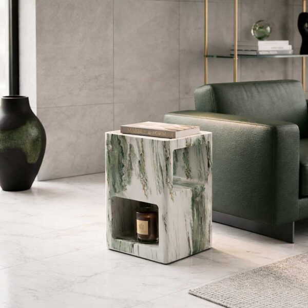 Seraph side table in rectangular design made from green and white Shangrila marble – luxury accent furniture handcrafted in Turkey, available in the UAE "طاولة جانبية سيراف بتصميم مستطيل مصنوعة من رخام شانغريلا الأخضر والأبيض – أثاث فاخر مصنوع يدويًا في تركيا ومتوفر في الإمارات"