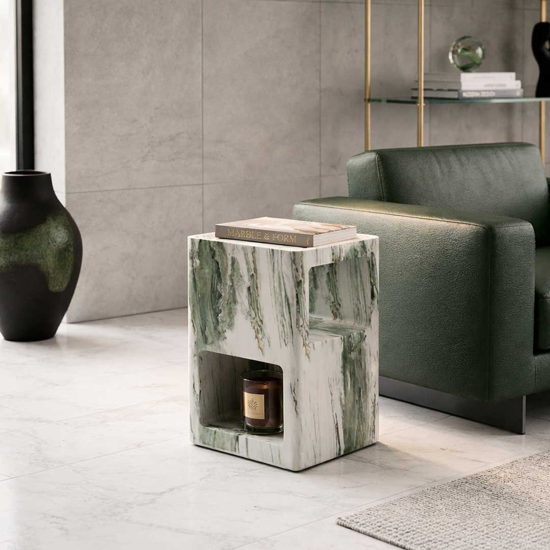 Seraph side table in rectangular design made from green and white Shangrila marble – luxury accent furniture handcrafted in Turkey, available in the UAE "طاولة جانبية سيراف بتصميم مستطيل مصنوعة من رخام شانغريلا الأخضر والأبيض – أثاث فاخر مصنوع يدويًا في تركيا ومتوفر في الإمارات"