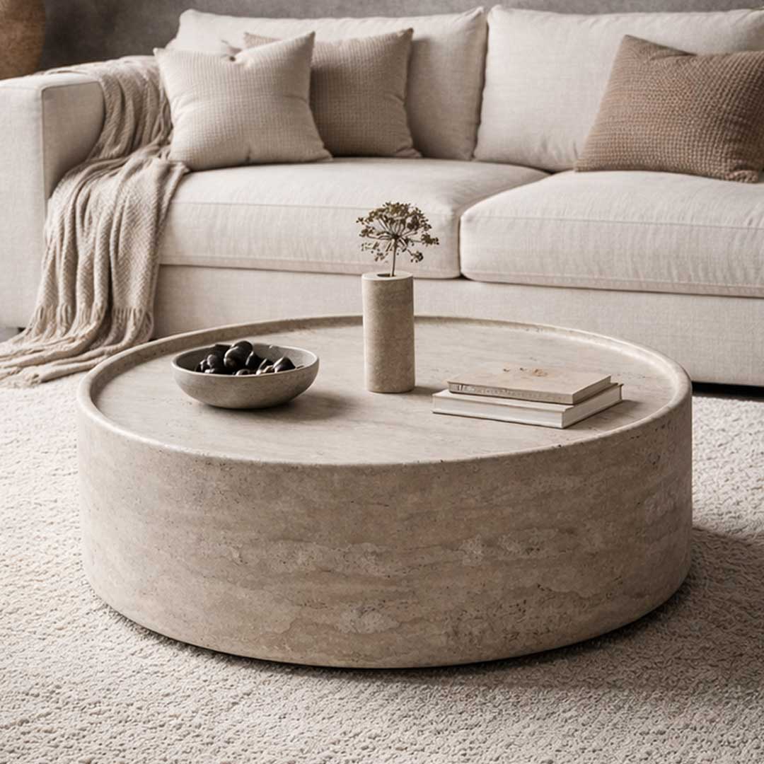 "Frontal view of Solstice round travertine coffee table – minimalist design in warm beige natural stone, perfect for contemporary interiors in the UAE" "عرض أمامي لطاولة القهوة سولستيس الدائرية من الترافرتين – تصميم بسيط من الحجر الطبيعي البيج الدافئ، مثالي للديكورات العصرية في الإمارات"