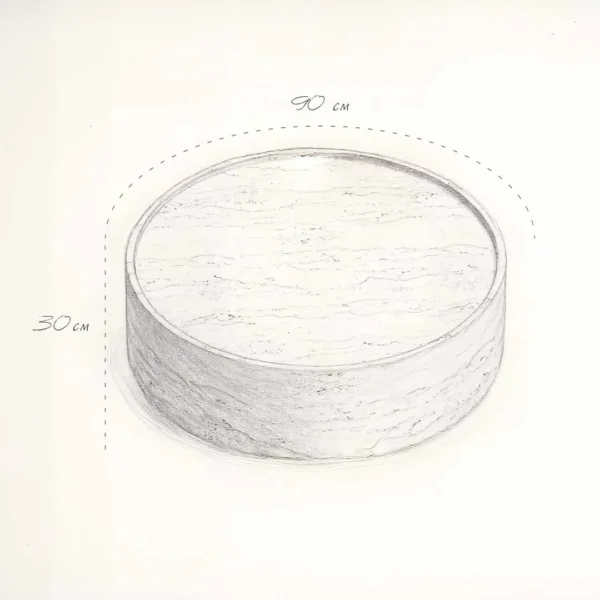 Solstice coffee table dimensions sketch – round travertine table with 90 cm diameter and 30 cm height, luxury handcrafted furniture for UAE interiors رسم توضيحي لأبعاد طاولة القهوة سولستيس – طاولة دائرية من الترافرتين بقطر 90 سم وارتفاع 30 سم، أثاث فاخر مصنوع يدويًا للمساحات الراقية في الإمارات