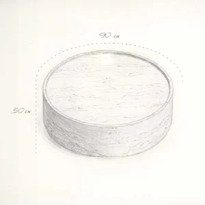 Solstice coffee table dimensions sketch – round travertine table with 90 cm diameter and 30 cm height, luxury handcrafted furniture for UAE interiors رسم توضيحي لأبعاد طاولة القهوة سولستيس – طاولة دائرية من الترافرتين بقطر 90 سم وارتفاع 30 سم، أثاث فاخر مصنوع يدويًا للمساحات الراقية في الإمارات
