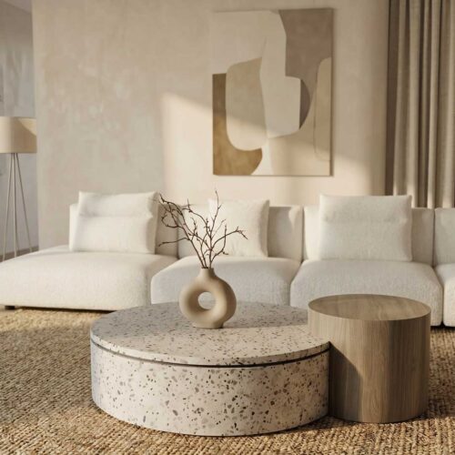 Terra Duo Coffee Table with terrazzo stone surface and wood cylinder base — modern luxury coffee table for elegant living rooms in Dubai, UAE.