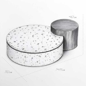Artistic sketch of Terra Duo Coffee Table with dimensions — contemporary circular table design for luxury interiors in Abu Dhabi and Dubai.