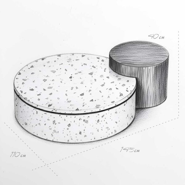 Artistic sketch of Terra Duo Coffee Table with dimensions — contemporary circular table design for luxury interiors in Abu Dhabi and Dubai.
