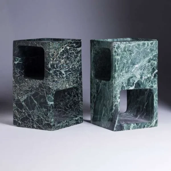 Set of Two Verdura Side Tables – Pair of green Italian marble side tables with sculptural cut-out design, ideal for luxury interiors in UAE. طقم طاولتين جانبيتين فيردورا – زوج من الطاولات الجانبية بالرخام الأخضر الإيطالي بتصميم منحوت، مثالي للمساحات الداخلية الفاخرة في الإمارات.