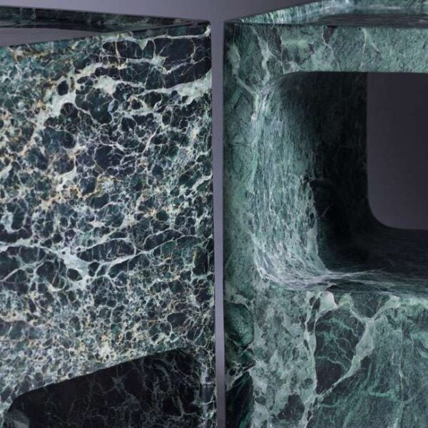 Verdura Side Table with Open Storage – Italian green marble side table with open shelf design, modern luxury accent table in UAE.