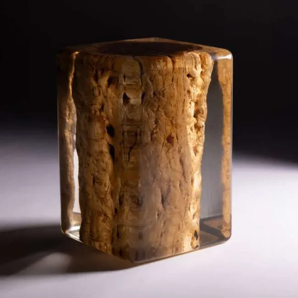 Close-up of Lamina Side Table showing detailed natural wood grain patterns preserved within a plexiglass encasement. صورة مقربة لطاولة جانبية لامينا تُظهر تفاصيل نقوش الخشب الطبيعي المحفوظة داخل غلاف أكريليك.