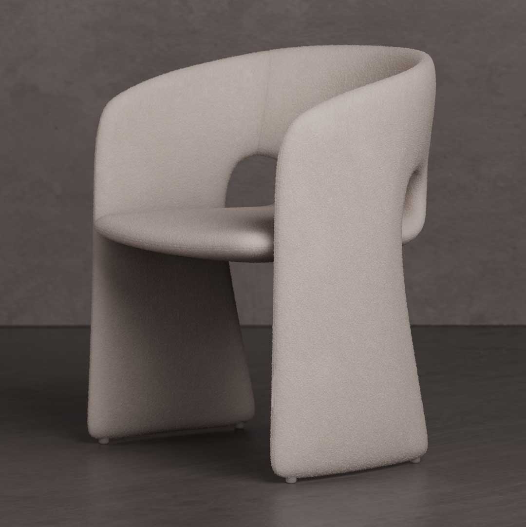 Aether Pearl Dining Chair – luxury sculptural dining chair with a contemporary curved silhouette, upholstered in soft pearl-toned fabric, perfect for elegant interiors in Dubai and Abu Dhabi, UAE