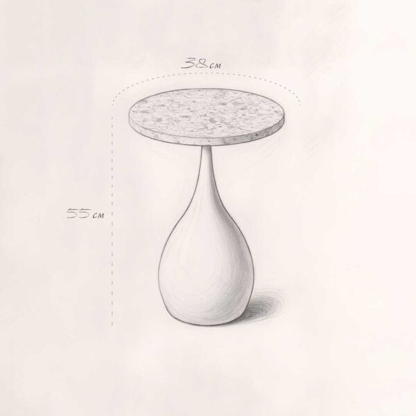 A detailed sketch of the Elara Slim Side Table, showing a slender teardrop-shaped base and a circular terrazzo top. The table measures 55 cm in height and 38 cm in diameter, emphasizing its elegant and balanced proportions.