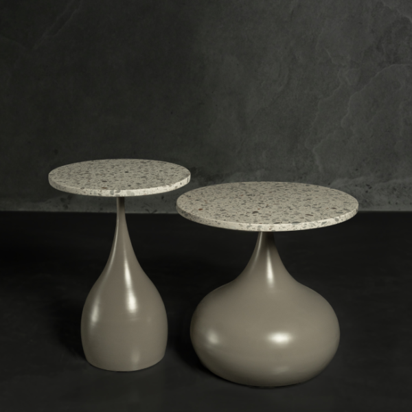 Elara Slim terrazzo side tables in two height variations – luxury accent furniture with elegant curved base in UAE طاولات جانبية إلارا سليم بتصميمين مختلفين في الارتفاع – أثاث جانبي فاخر بقاعدة منحنية أنيقة في الإمارات