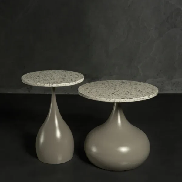 Elara Slim and Elara Wide terrazzo side tables set – modern luxury furniture collection available in the UAE مجموعة طاولات جانبية إلارا سليم وإلارا وايد بتصميم تيرازو – مجموعة أثاث فاخرة وعصرية متوفرة في الإمارات