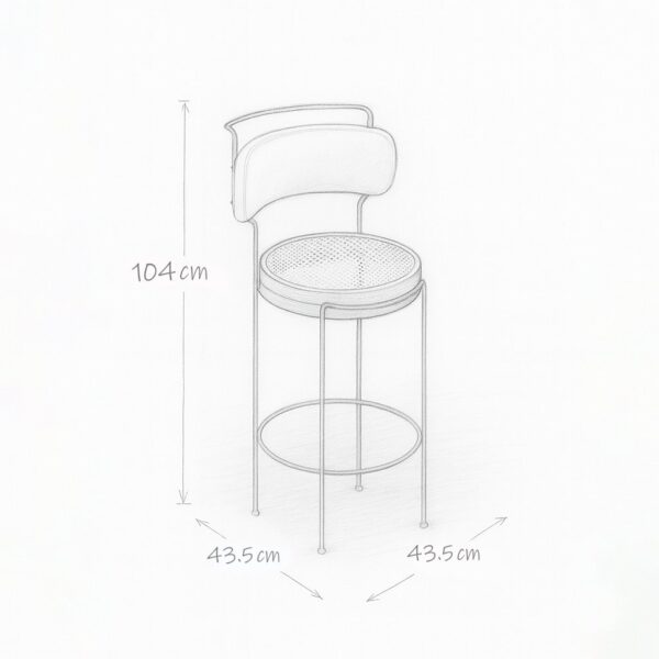 Luxury bar stool combining boucle comfort, rattan texture, and modern steel frame كرسي بار فاخر يجمع بين راحة القماش، دفء الخيزران، وأناقة الإطار المعدني