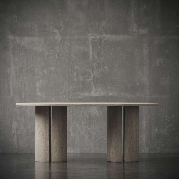 Terranova dining table in beige travertine with oval top and cylindrical legs – modern luxury dining furniture in UAE طاولة الطعام تيرانوفا مصنوعة من الترافرتين البيج الطبيعي، سطح بيضاوي وقواعد أسطوانية – أثاث طعام فاخر في الإمارات