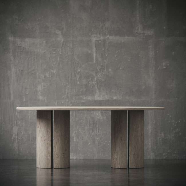 Terranova dining table in beige travertine with oval top and cylindrical legs – modern luxury dining furniture in UAE طاولة الطعام تيرانوفا مصنوعة من الترافرتين البيج الطبيعي، سطح بيضاوي وقواعد أسطوانية – أثاث طعام فاخر في الإمارات