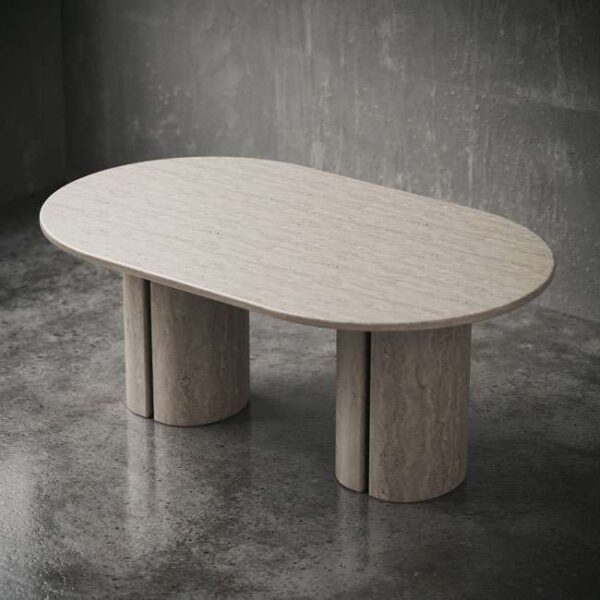 Front view of Terranova beige travertine dining table with split cylindrical base – premium stone dining furniture in UAE الواجهة الأمامية لطاولة الطعام تيرانوفا من الترافرتين البيج مع قاعدة أسطوانية مزدوجة – طاولة طعام حجرية فاخرة في الإمارات
