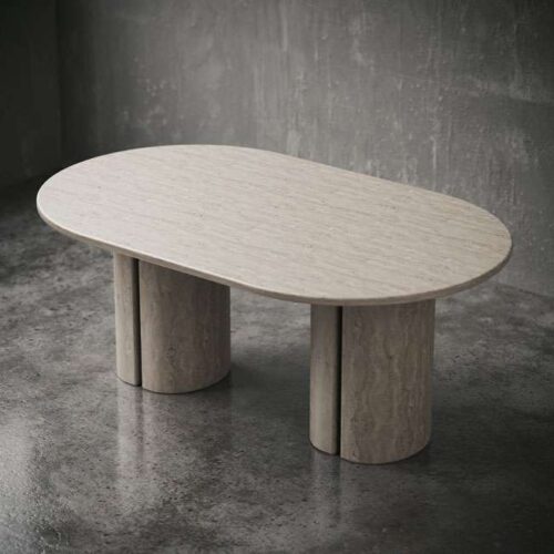 Front view of Terranova beige travertine dining table with split cylindrical base – premium stone dining furniture in UAE الواجهة الأمامية لطاولة الطعام تيرانوفا من الترافرتين البيج مع قاعدة أسطوانية مزدوجة – طاولة طعام حجرية فاخرة في الإمارات