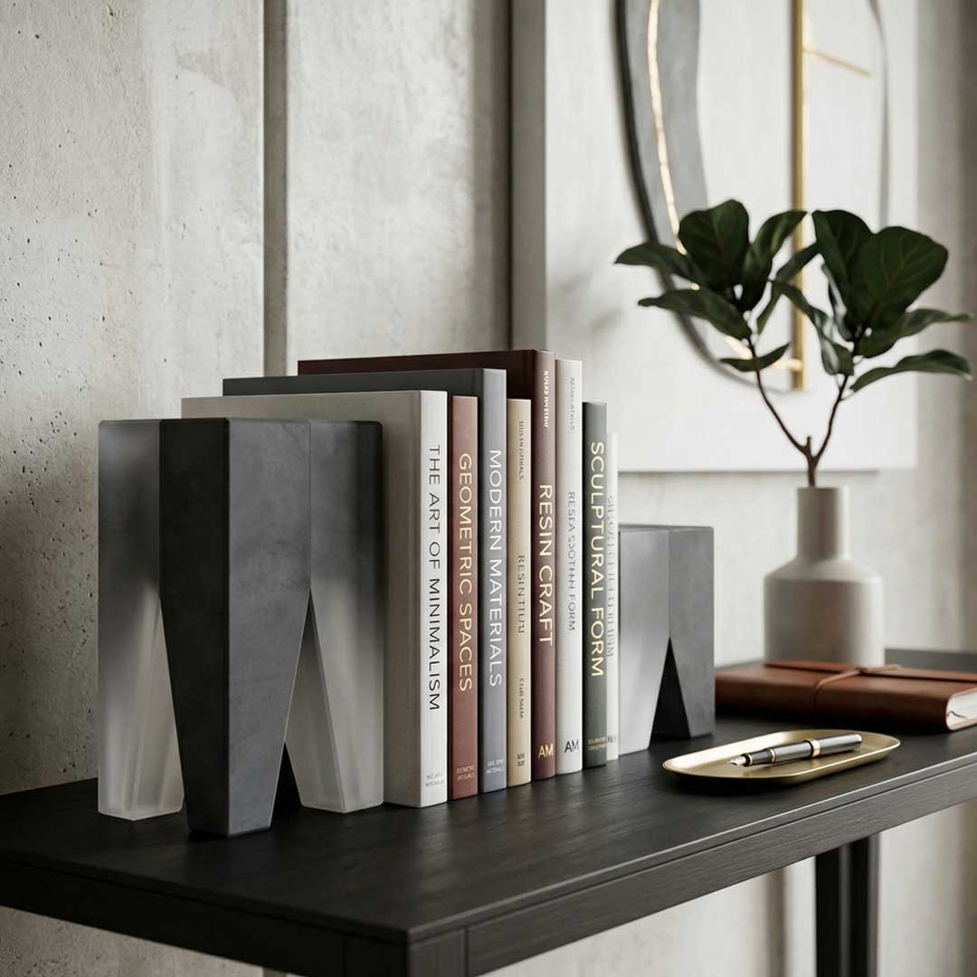 Monolith Duo luxury resin bookends with geometric minimalist design and gradient finish – modern decorative accessories for luxury interiors in the UAE مساند كتب مونوث ديو فاخرة من الراتينج بتصميم هندسي عصري وتشطيب متدرج – إكسسوارات ديكور حديثة للمنازل الفاخرة في الإمارات