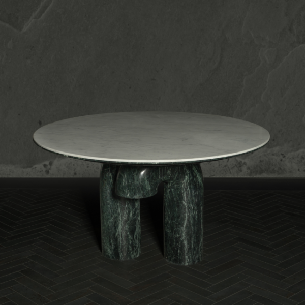 Modern round dining table with a sleek white marble top and bold green marble base, designed with sculptural curved legs, ideal for luxury interiors. طاولة طعام دائرية بتصميم عصري، بسطح رخامي أبيض أنيق وقاعدة من الرخام الأخضر ذات أرجل منحنية نحتية، مثالية للمساحات الفاخرة.
