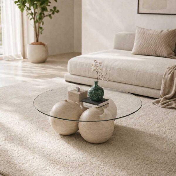 Eclipse Travertine Coffee Table – a luxury travertine and glass centerpiece combining sculptural stone artistry and modern elegance, designed for premium interiors in Dubai and Abu Dhabi, UAE.