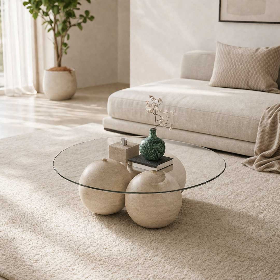 Eclipse Travertine Coffee Table – a luxury travertine and glass centerpiece combining sculptural stone artistry and modern elegance, designed for premium interiors in Dubai and Abu Dhabi, UAE.