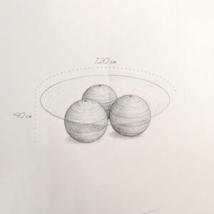 Technical drawing of a circular coffee table with three spherical wooden bases and a glass top, labeled with dimensions 120 cm wide and 40 cm tall. رسم تقني لطاولة قهوة دائرية تحتوي على ثلاث قواعد كروية خشبية وسطح زجاجي، مع توضيح الأبعاد 120 سم عرضًا و40 سم ارتفاعًا.