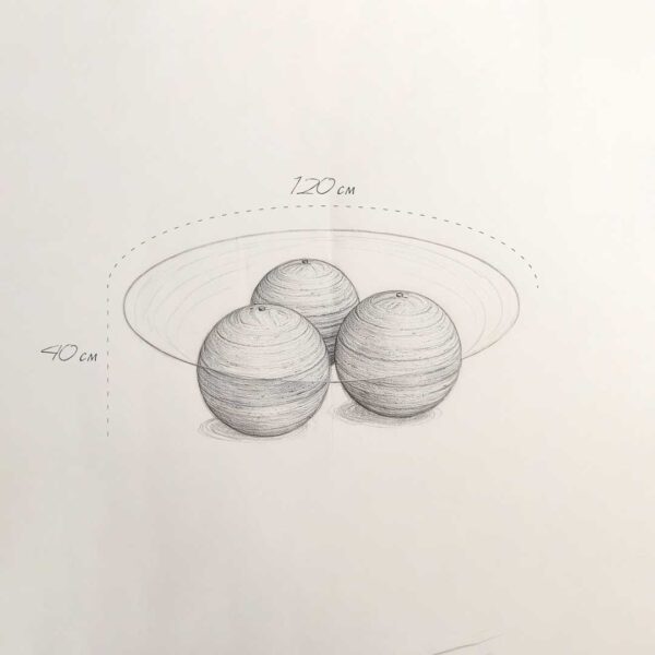 Technical drawing of a circular coffee table with three spherical wooden bases and a glass top, labeled with dimensions 120 cm wide and 40 cm tall. رسم تقني لطاولة قهوة دائرية تحتوي على ثلاث قواعد كروية خشبية وسطح زجاجي، مع توضيح الأبعاد 120 سم عرضًا و40 سم ارتفاعًا.