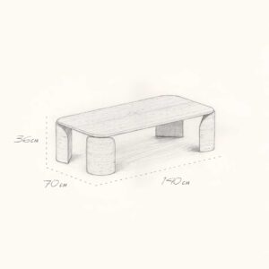 Hand-drawn sketch of the Terrene Coffee Table showing dimensions: 140 cm in length, 70 cm in depth, and 36 cm in height. The illustration highlights the table’s rounded edges and sculptural travertine legs.