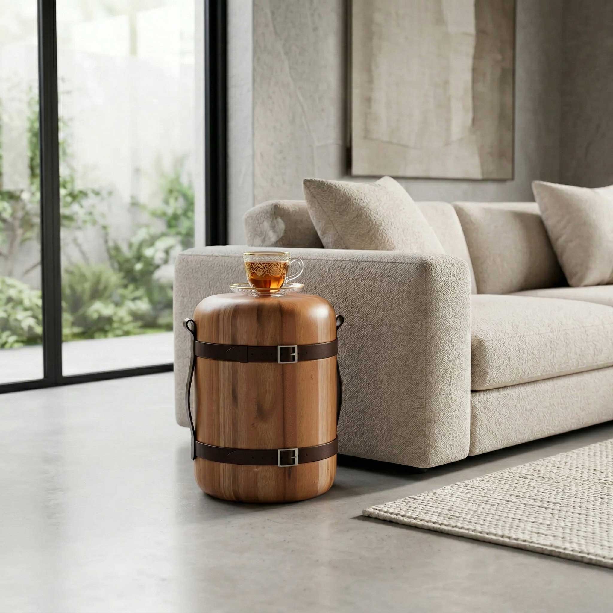 Luxury wooden side table with a sculptural cylindrical design, crafted from premium natural wood and accented with leather straps, showcasing modern bespoke furniture design for high-end interiors in Dubai and Abu Dhabi, UAE