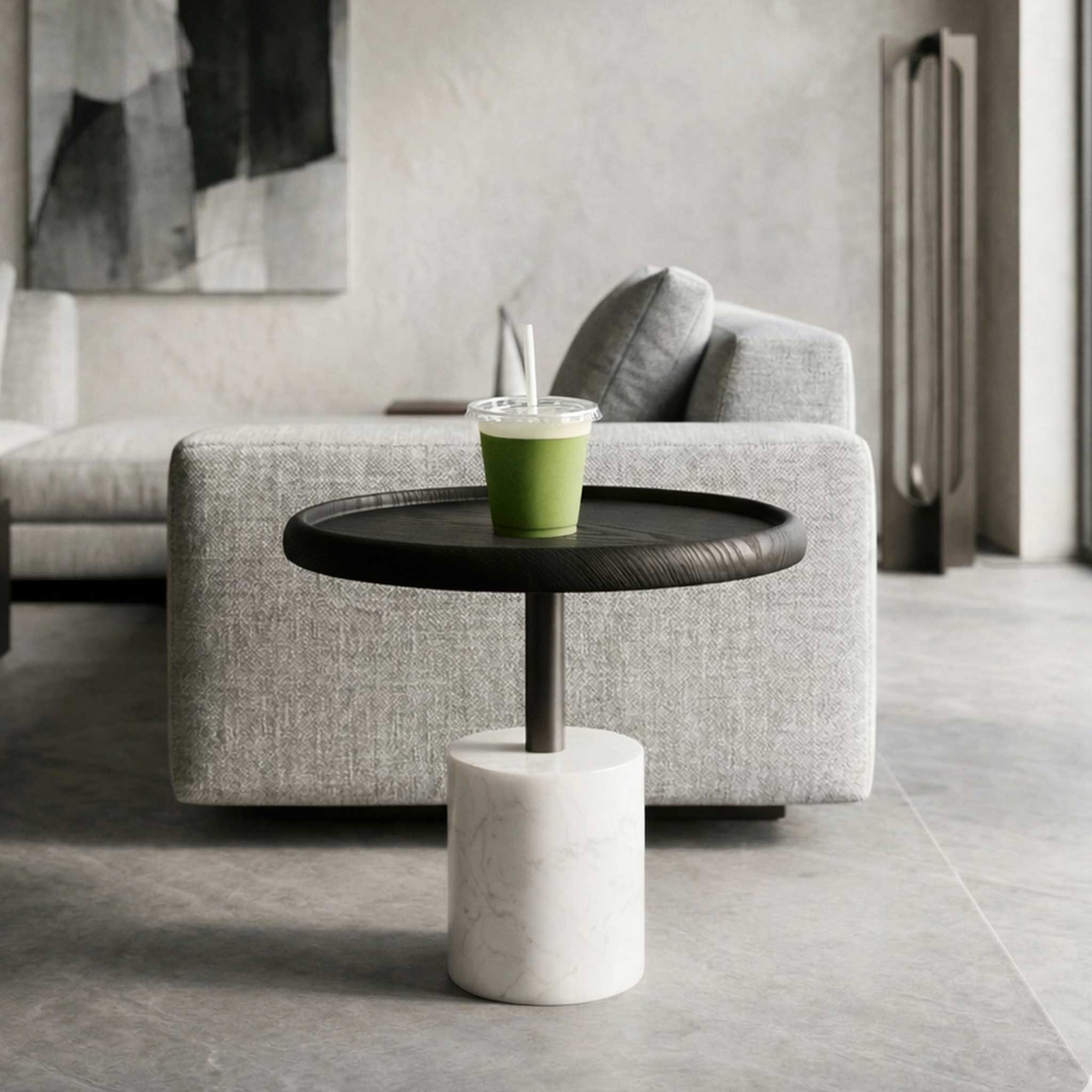 Cavelle Side Table in black wood and white marble, a sculptural luxury accent piece for modern interiors in Dubai and Abu Dhabi, UAE