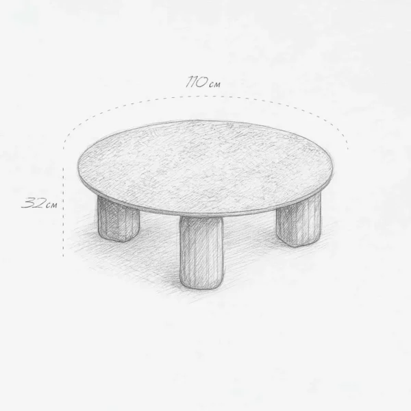 Technical sketch of the Mavri Coffee Table showing dimensions 110 cm by 32 cm, highlighting refined craftsmanship and elegant modern furniture design in Dubai, UAE.