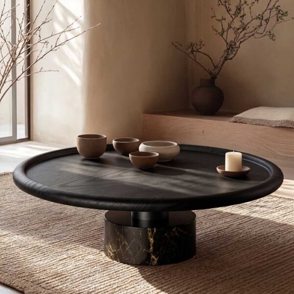 The Nocturne Coffee Table featuring a round black wooden top with a smooth beveled edge, supported by a cylindrical black marble base with subtle veining. A refined modern piece combining natural textures and bold geometry.