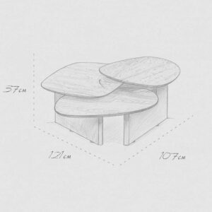 Technical design sketch of the Trivaro Coffee Table with measurements 121 cm by 107 cm, showing precision craftsmanship and modern design for UAE luxury homes.