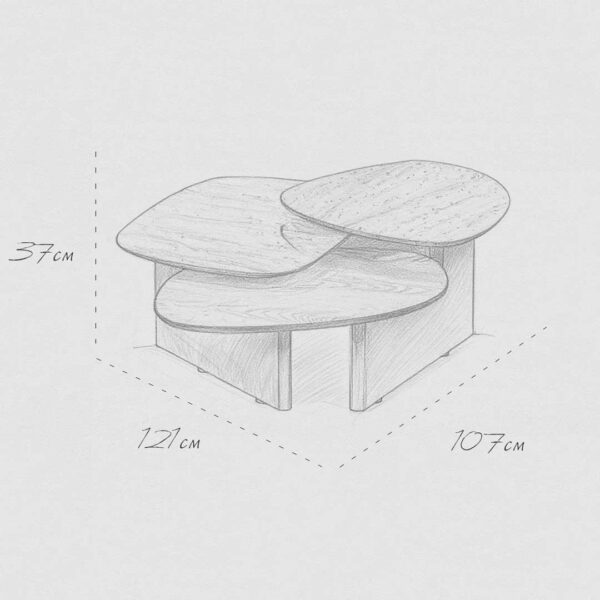 Technical design sketch of the Trivaro Coffee Table with measurements 121 cm by 107 cm, showing precision craftsmanship and modern design for UAE luxury homes.