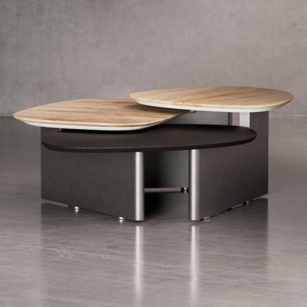 Luxury Trivaro Coffee Table with layered travertine stone tops and metallic base, a modern designer centerpiece for elegant homes in Dubai and Abu Dhabi.